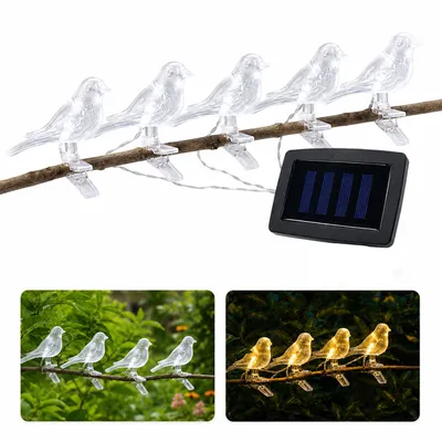 Produktbild von Solar LED Lichterkette mit Deko-Vögeln & Clips, warmweiß, automatische Beleuchtung für Außen & Innen