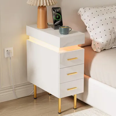 Obrázok produktu pre Nočný stolík, úzky, s zásuvkou a LED pásikom, 25x50x67 cm, biela farba