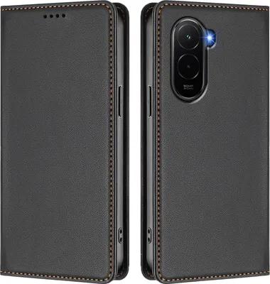 A black leather flip case for a smartphone is shown from two angles.