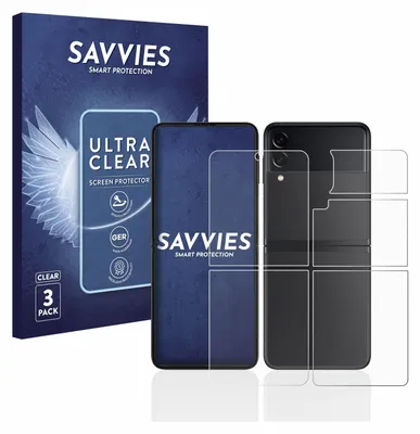 A product shot of screen protectors for a Samsung Galaxy Z Flip 3, with packaging and the product itself displayed.