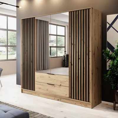Produktbild von 4-türig Kleiderschrank mit Lamellen Polly 200 cm Schrank mit Spiegel Garderobenschrank mit Schubladen, Farbe: Eiche artisan