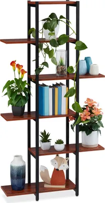 Produktbild von Relaxdays Pflanzenregal, Blumentreppe 6 Ablagen, HBT: 150x78x24 cm, Stahl & MDF, Blumenregal innen, schwarz/dunkelbraun