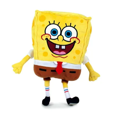 A plush toy of SpongeBob SquarePants standing against a white background.