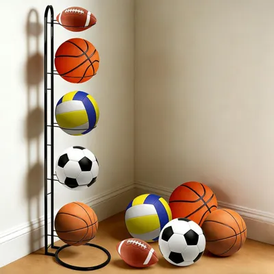 Image de Support métallique noir à 5 compartiments pour ballons de football et de volleyball