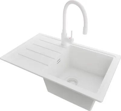 Produktbild von PRIMAGRAN Granitspüle Alles Weiß 70x44cm, Spülbecken 1 Becken + Küchenarmatur 38x14cm + Ablauf-Set, Küchenspüle ab 45er Unterschrank - Kopenhagen Easy