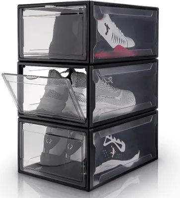 Produktbild von yorbay, Transparenter Schuh-Organizer, Kunststoff, Schwarz, stapelbar, mit Tür, 3er Set, für Schuhe bis Größe 48, 37 x 26 x 16 cm