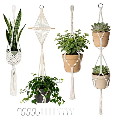 Produktbild von 4er Set Makramee Blumenampel Hängend für Innen, Boho Deko mit Haken, Baumwollseil Blumentopf mit Quasten, Hängetopf für Zimmer, Garten, Balkon, Fenster