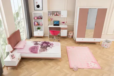 Image de Meubles de chambre de fille de luxe Lit simple Armoire Bureau 6pcs