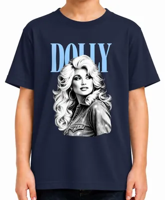 Immagine prodotto di Maglietta per bambini, stile vintage e retrò, con la scritta "Dolly Parton", icona della musica country, cantante. Colore: blu navy. Taglia: 152