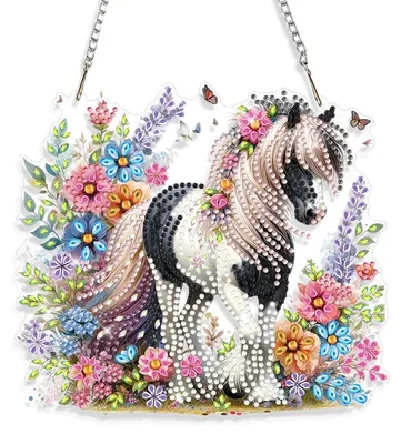 Image de Tableaux décoratifs pour fenêtre, technique du diamant, motifs chevaux et fleurs, avec chaîne, double face, en acrylique, kit de décoration murale