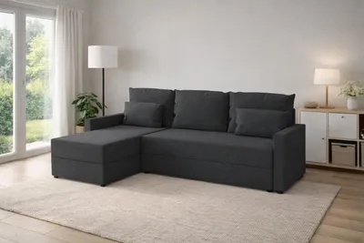 Produktbild von Ecksofa **KUBO L** mit Schlaffunktion **120 × 200 cm**, Bettkasten, universell links/rechts montierbar, **Inari 96 Graphit**, **226 cm**.