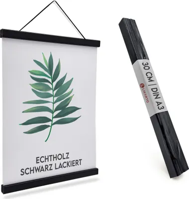 Produktbild von LIKARTO Premium-Posterleiste Holz Schwarz A3 | 30 cm - Hochwertige magnetische Bilderleiste aus Echtholz inkl. Lederband - Einfaches Bilder aufhängen