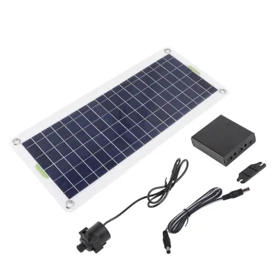 A solar panel kit with a pump and control box laid out on a white background.