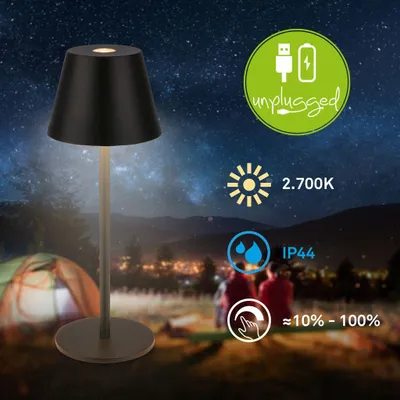 Zdjęcie produktu dla Lampa stołowa LED ładowalna USB bezprzewodowa IP44 ściemnialna 14,2cm czarna
