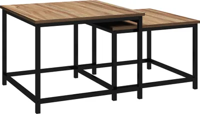 A set of two nesting coffee tables with a wood-grain top and black metal frames, shown from a three-quarter angle against a white background.