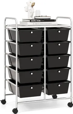Produktbild von GOPLUS Rollwagen mit 10 Schubladen stapelbar, Rollcontainer mit Ablage & Metallgestell, Badregal, Aufbewahrungswagen, für Büro, Zuhause (Schwarz)