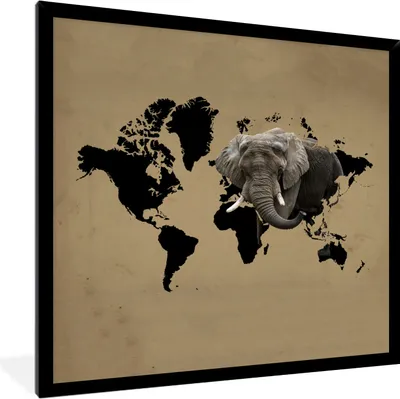 Produktbild von MuchoWow® MuchoWow® Gerahmtes Poster Weltkarte - Elefant - Braun 40x40 cm - Poster mit zchwarzem Bilderrahmen - Mit Rahmen - Wanddekoration Schlafzimmer
