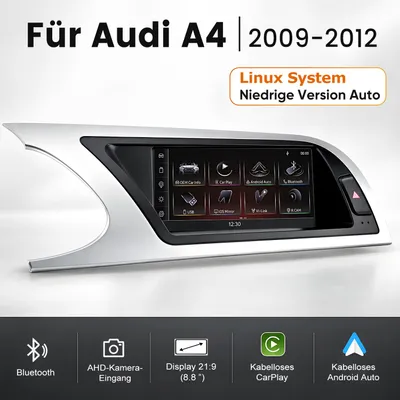 Obrázok produktu pre Autorádio pre Audi A4 (2009–2012) s operačným systémom Linux, 8,8 palca, kompatibilné s systémami Concert/Symphony, s bezdrôtovým CarPlay a Android Auto, Bluetooth a AUX vstupom