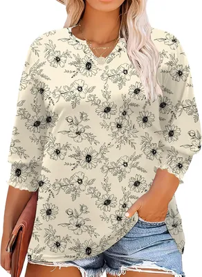 Productafbeelding van Damesblouse grote maten met 3/4-mouwen en V-hals, losse pasvorm, maten XL tot 5XL