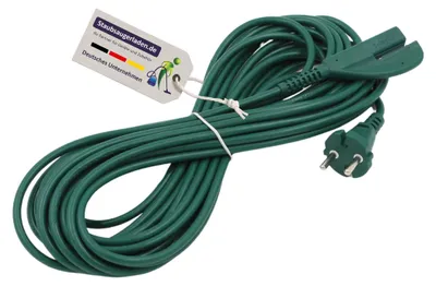 A coiled green power cord with a European plug and a connector.