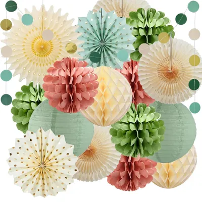 Produktbild von Party Deko Set Salbeigrün Rosa Papierlaternen Papierfächer Papierblumen Pompoms Girlande für Hochzeit Geburtstag Babyparty