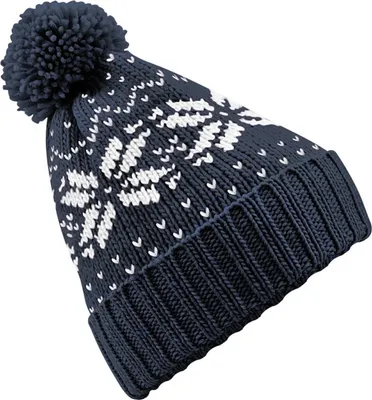 Produktbild von Beechfield Uni Strickmütze mit Bommel, Schneeflocken-Muster RW2029 (Einheitsgröße) (Marineblau / Weiß)