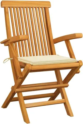 Immagine prodotto di Set di 2 poltrone da giardino pieghevoli in legno di teak massello, con cuscini color crema, ideali per terrazza e cortile, con una capacità di carico fino a 110 kg