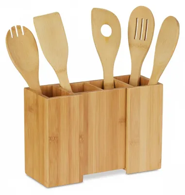 Image de Porte-ustensiles de cuisine en bambou Relaxdays, lot de 5 cuillères de cuisine, porte-couverts extensible, dimensions : 17 x 25 x 10 cm, couleur naturelle