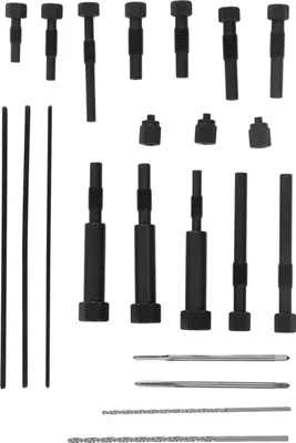 A collection of tools laid out on a white background.