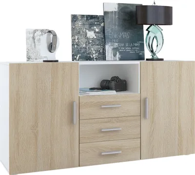 Produktbild von Vladon Sideboard Skadu, Kommode mit 2 Türen, 3 Schubladen und 1 offenem Fach, Weiß matt/Eiche sägerau (138,5 x 71,5 x 35 cm)
