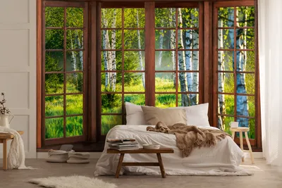 Produktbild von Vlies Fototapete Fenster Birkenwald 3D Wald 254cmx184cm inkl. Kleister Fensterblick Birken Natur Ausblick Bäume Holz Wohnzimmer Schlafzimmer Fototapeten Tapete Wandtapete Motivtapete