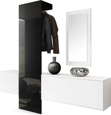 Produktbild von Vladon Garderobe Wandgarderobe Carlton Set 1,  Germany, Korpus in Weiß matt / Paneel in Schwarz Hochglanz