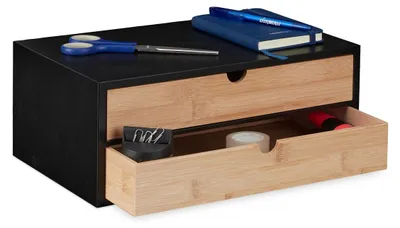 Produktbild von Schreibtischorganizer Schreibtischablage Büroorganizer - 2 Schubladen - Holz und MDF - Schwarz/Natur - 14 x 33 x 21 cm