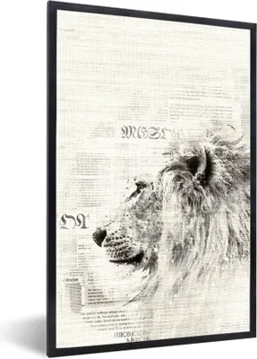 Produktbild von MuchoWow® MuchoWow® Gerahmtes Poster Zeitung - Löwe - Schwarz - Weiß 20x30 cm - Poster mit zchwarzem Bilderrahmen - Drucken - Bilder Poster im Rahmen
