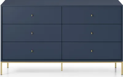 A dark blue dresser with gold legs and drawer pulls, shown against a white background.