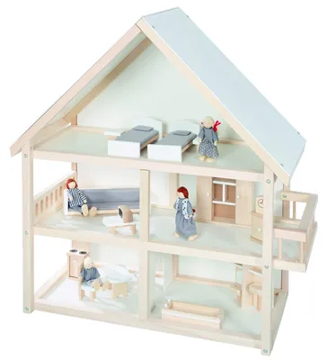 Productafbeelding van roba Poppenhuis, poppenhuis met meubels en poppen, speelgoed voor meisjes, hout, naturel