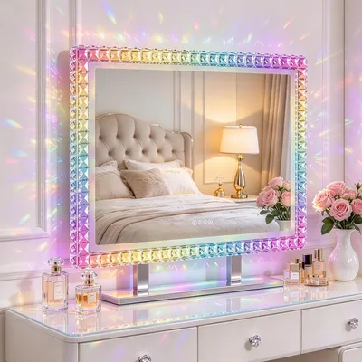 Imagen del producto de Espejo de maquillaje VANITII Hollywood, de 80 cm x 60 cm, con iluminación LED, modo de luz RGB, detalles de cristal y apto para tocador, color blanco