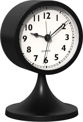 Produktbild von Schwarzer, 7,6 cm großer analoger Wecker im schlanken Retro-Metalldesign mit Beleuchtung, batteriebetrieben, zur Dekoration des Wohnzimmers oder Nachttisches.