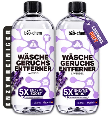 Produktbild von bio-chem Geruchsentferner Wäsche 2x 1 L – Enzymreiniger Waschmaschine, Waschzusatz gegen Schweiß, Katzenurin, Hundeurin & Moder [LAVENDEL]