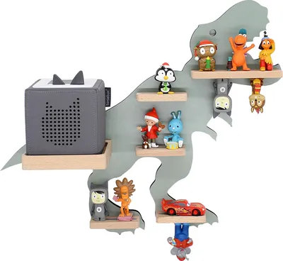 Image de Tabouret pour enfants Dinosaur animal / Suspendu pour Tonie Box and Tonie Figures / Shelf / H. 44 x W. 52 x D. 19 / Wall Shelf Music Box and Figures Storage with Magnetic Inserts / Storage Shelf Wood Dino