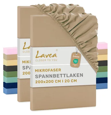 Produktbild von Lavea® Spannbettlaken 200x200 cm aus Mikrofaser, Bettlaken mit Rundumgummi, für Matratzen bis 20 cm, atmungsaktiv und kühlend, pflegeleicht, Spannbetttücher, 2er Set, Sand