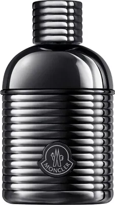 A studio shot of a black Moncler perfume bottle.