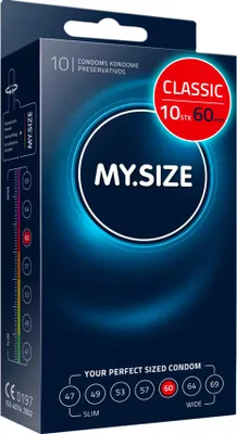 Zdjęcie produktu dla Prezerwatywy MY.SIZE Classic rozmiar 5 | szerokość 60 mm | opakowanie standardowe 10 sztuk | bardzo cienkie, zapewniające naturalne doznania | grubość ścianki 0,07 mm