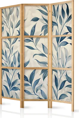 Produktbild von 3-teiliger Einseitiger Vlies Japanischer Paravent - Leaves in Blue Colors - Delicate Botanical Motif 135x172 cm Blumen f-H-10012-bh-a