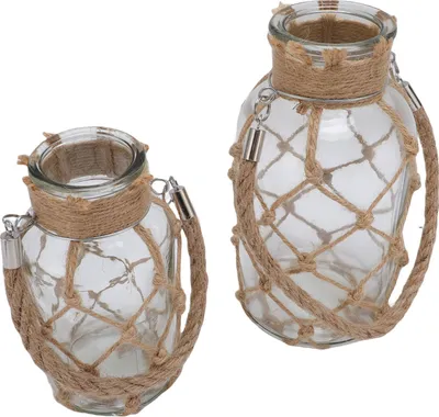 Zdjęcie produktu dla 2pcs Rope Net Dry Flower Glass Vase with Handle Rustic Decorative Bottles Home Decor for Bedroom Living Room Coffee Table Entryway Office