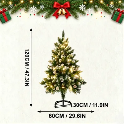 Productafbeelding van YARDIN PVC kerstboom & kunstkerstboom, 120 cm, met sneeuweffect, kerstboom met warmwitte LED-verlichting, met dennenappels, kerstdecoratie