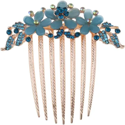 Produktbild von Blumen-Haarkamm mit Strass für Hochzeit und Brautfrisuren, blauer Haarschmuck für Frauen und Mädchen