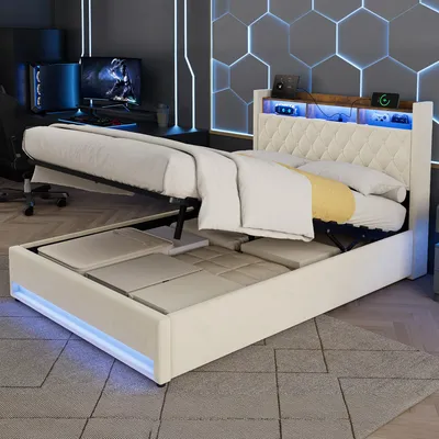Produktbild von STILVORA Polsterbett 140×190 mit LED-Beleuchtung, USB & Steckdosen Bleuchtung Doppelbett Bettgestell im modernen Design mit Stauraum Kopfteil ohne Matratze, Beige