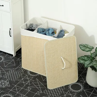 Image de Panier à linge avec couvercle, 3 compartiments, en bambou, avec poignées en corde, couleur crème | 60 x 40 x 60 cm | 144 litres | sac en tissu amovible