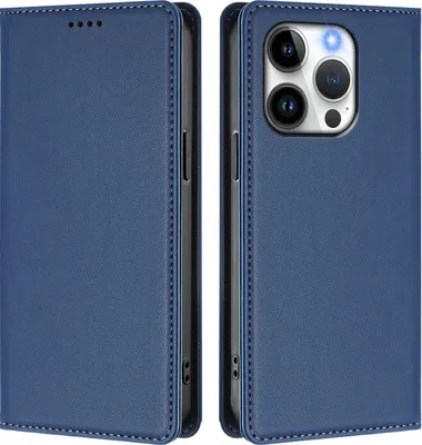Image de Etui en cuir pour iPhone 15 Pro, étui magnétique en cuirPolyuréthaneavec support Bleu foncé